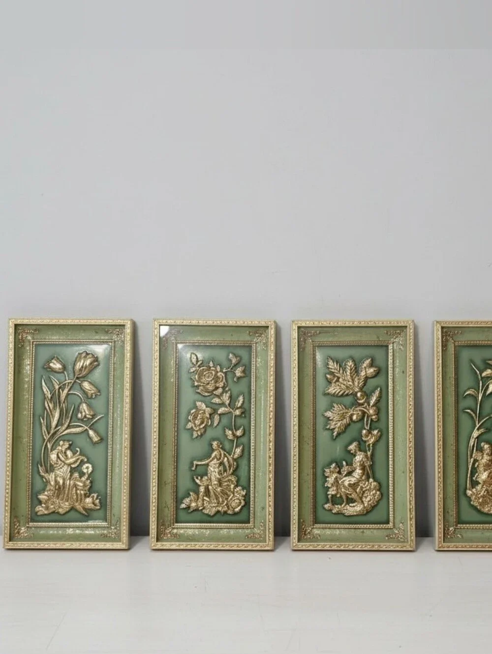 Vintage MCM Metalcraft Four Seasons Wall Art Plaques Set of 4 Green Gold